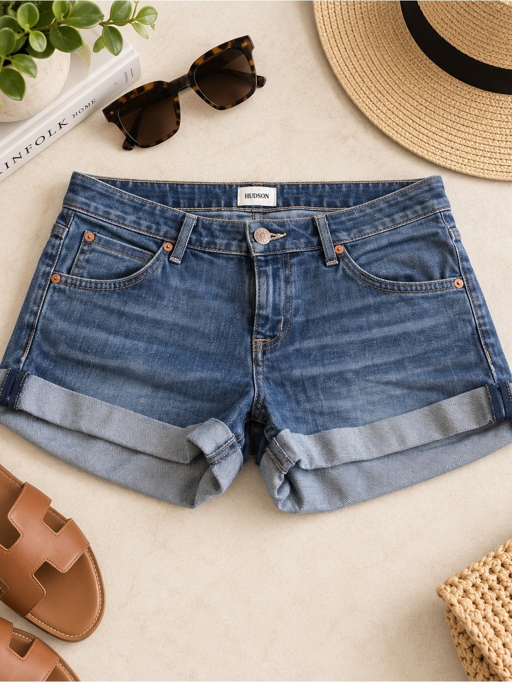 Hudson Jeans Indigo Rolled-Hem Denim Shorts